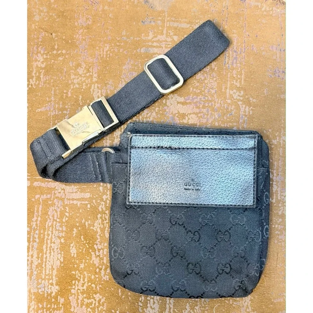 Gucci GG Monogram Canvas Waist Bag Black Belt Bag 001-3306 002436 Vintage Italy